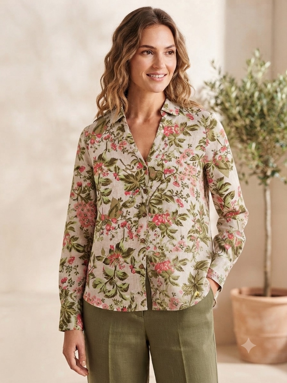 Laura Ashley Floral Button-Down Shirt in Pink and Green Linen Medium